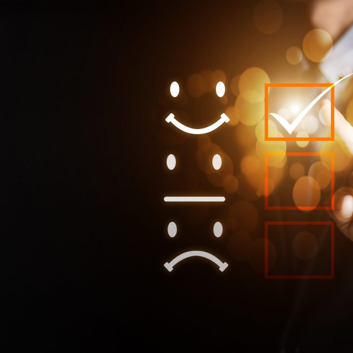 Customer service and Satisfaction concept ,Businessman pressing smiley face emoticon on virtual touch screen. on the happy Smiley face icon to give satisfaction in service. rating very impressed.